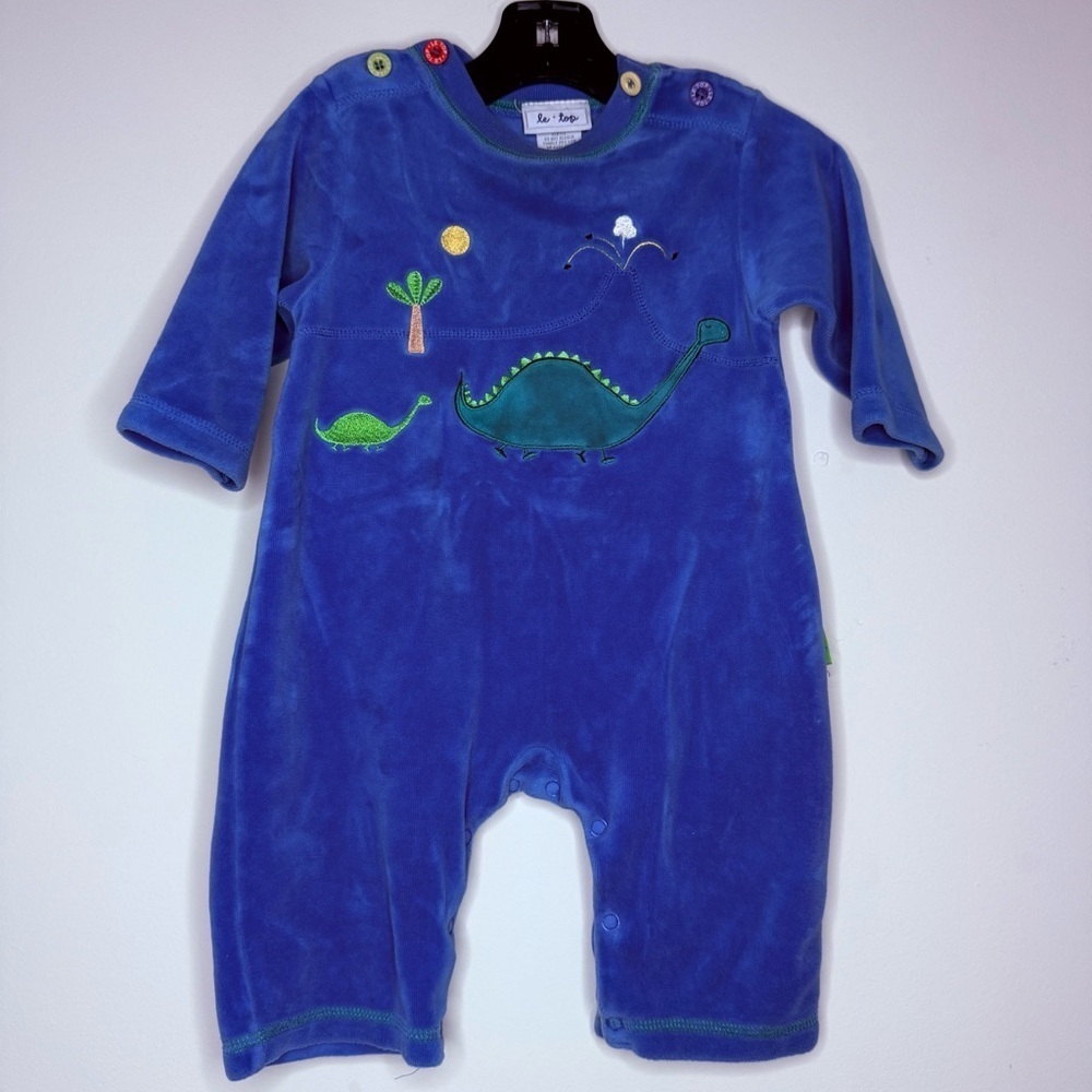 VTG LE TOP Blue Velour Dinosaur Embroidery Cute Button Flap Longsleeve Bodysuit